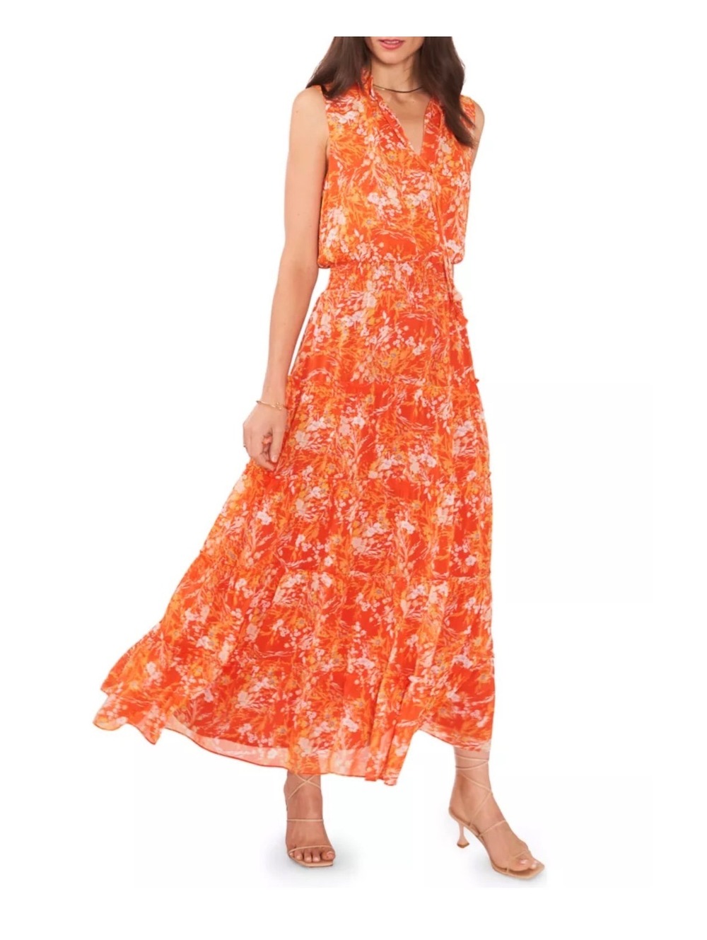 1.State Orange Floral Print Sleeveless Tie Neck Tiered Maxi Dress Size Small